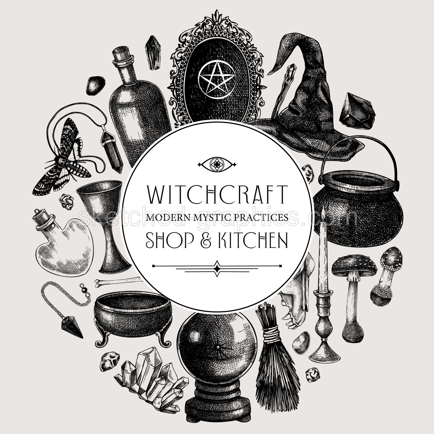 Witch party invitation design. Minimalist witchcraft frame, banner, flyer. Vinatge Halloween sketches. Hand-drawn vector illustration. NOT AI generated Illustration